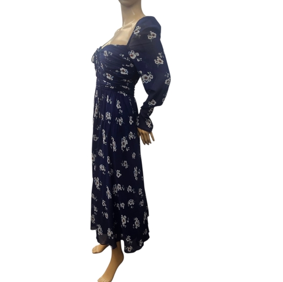 Self Portrait Pansy Midi Dress in Dark Navy Print Chiffon Cut Out